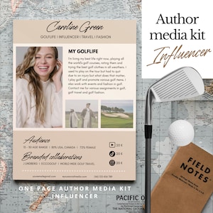 May include: A media kit for a golf influencer named Caroline Green. The kit includes a headshot of Caroline, a description of her work, and her social media handles. The kit also includes information about her audience and branded collaborations.