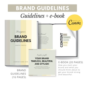Peut inclure: Une maquette d'un livre de directives de marque avec une couverture rayée et le texte "Designer Brand Guidelines Graphic Profile" et "Company Name Here". Le livre est ouvert à une page avec le texte "Content" et une liste d'éléments comprenant "Fonts", "Typography", "Logotype", "Colors", et "Photo". Une carte plus petite avec le texte "Graphic Profile Your Brand Timeless, Beautiful and Stylish!" est visible au premier plan. Le texte "E-Book (20 Pages) How you start your brand and what you should think about to get your brand strong and beautiful." est également visible.