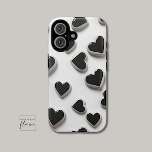 3D Black Hearts Phone Case, Monochrome Phone Cover, Cute Hearts Cover for Phone, Black and White, Case for Iphone 16 15 14, Samsung Galaxy