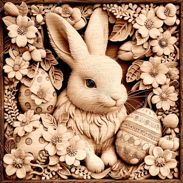 Laser Engrave File, 3D Illusion, PNG For Engraving, Glowforge, Easter PNG Burn, Rabbit Carved Look, Peacock PNG, 3D Illusion Bunny