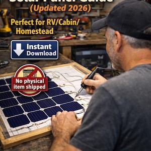 Op de afbeelding: Een persoon soldeert een zonnepaneel, met de tekst "DIY 100W Solar Panel Guide (Updated 2026)". De afbeelding bevat ook de tekst "Instant Download" en "No physical item shipped". Het zonnepaneel is blauw en zwart.