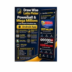 May include: A smartphone displaying the Draw Wise Lotto Picker app interface, featuring Powerball and Mega Millions jackpot data. The screen shows lottery analysis tools, while the background lists app features like smart predictions, AI verification, and CSV export options for Android users.