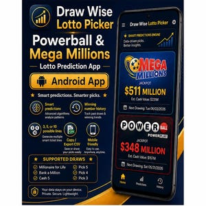 May include: A smartphone displaying the Draw Wise Lotto Picker Android app interface, featuring Mega Millions and Powerball jackpot information. The dark blue background includes text detailing app features like smart predictions, history, and CSV export.