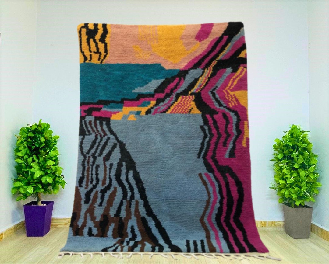 Colorful Custom Moroccan Rug, 8x10 Rug Blue and Black, Hand Knotted Rug