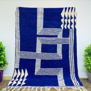 Unique Blue White Berber Carpet, Handmade Bohemian Rug, Artisan Home Decor Piece.