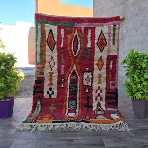 HAND TUFTED RUG, berber rugs red,  Gorgeous Beni Ourain Rug, Checkered Moroccan Rug, Wool Beni Rug, Handmade Shag Rug,  Custom Rug