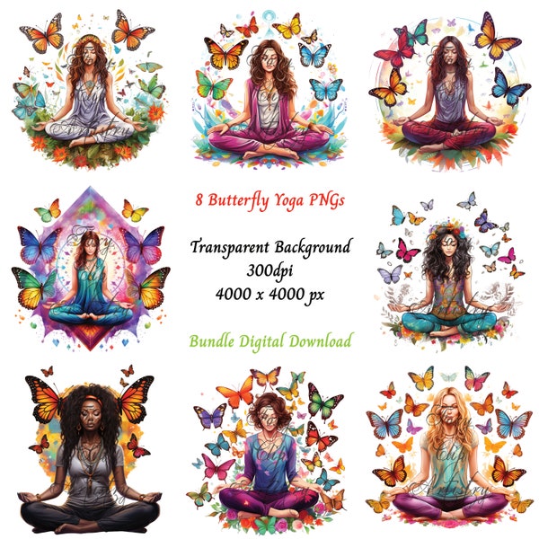 8 Butterfly Meditation Clipart Yoga PNG Bundle - High Quality meditation butterfly PNG, Transparent PNG, Instant Download, Commercial Use