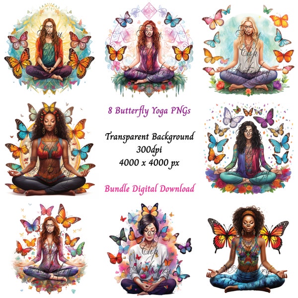 8 Butterfly Meditation Clipart Yoga PNG Bundle - High Quality meditation butterfly PNG, Transparent PNG, Instant Download, Commercial Use