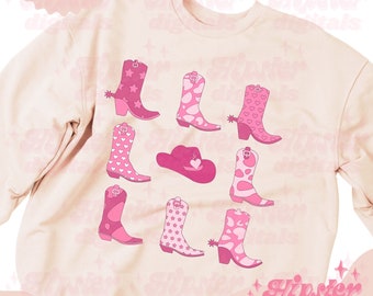 Botas de vaquera PNG, corazón rosa de San Valentín PNG, descarga de diseño digital de sublimación PNG de San Valentín, diseño de camiseta con sudadera occidental PNG