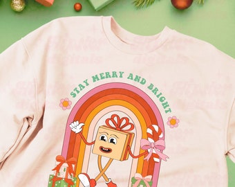 メリー&ブライト PNG | レトロなクリスマス PNG、トレンディなクリスマス PNG、昇華、グルーヴィーなクリスマス デジタル ダウンロード、プレゼント キャンディ ケーン PNG