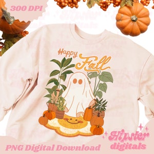 Happy Fall Ghost PNG | retro ghost png, retro halloween png, halloween digital download, cute fall png, plant lover png, retro pumpkin png
