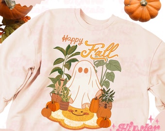 Happy Fall Ghost PNG | retro ghost png, retro halloween png, halloween digital download, cute fall png, plant lover png, retro pumpkin png