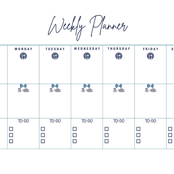 Weekly Meals/Workouts/To-Do List, White with Blue, Weekly Calendar Printable, Instant Download, Minimal, Productivity, Weekly Organization