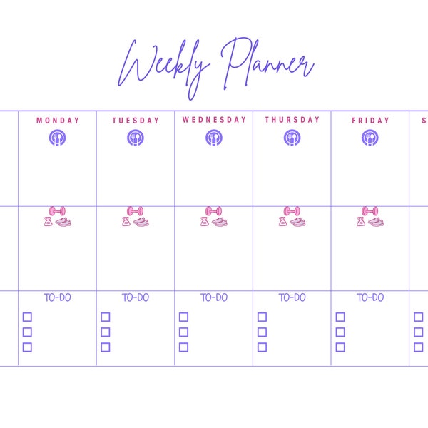 Weekly Meals/Workouts/To-Do List, White with Purple, Weekly Calendar Printable, Instant Download, Minimal, Productivity, Weekly Organization