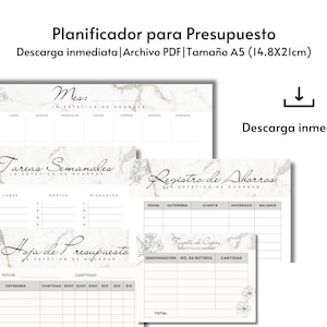 Może przedstawiać: Drukowany planer budżetu z marmurowym tłem i kwiatowymi akcentami. Zawiera miesięczny kalendarz, cotygodniową listę zadań, śledzenie oszczędności i dziennik wydatków.