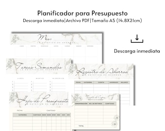 Puede incluir: Planificador de presupuesto imprimible con fondo de mármol y detalles florales. Incluye un calendario mensual, una lista de tareas semanales, un seguimiento de ahorros y un registro de gastos.