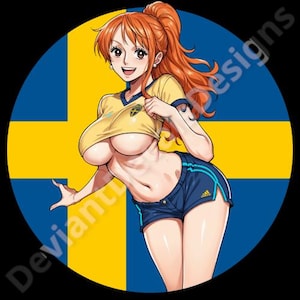 May include: A digital illustration of a woman with long orange hair wearing a yellow and blue sports jersey and blue shorts with a white Adidas logo. The woman is standing in front of a yellow and blue background that resembles the Swedish flag.