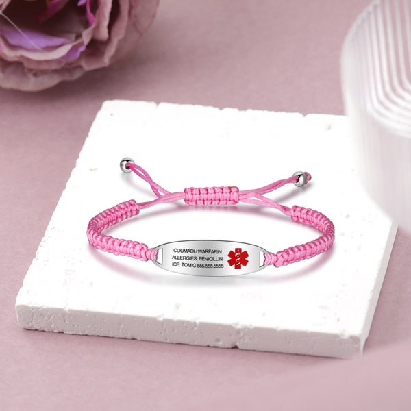 Bracelet d'alerte médicale tressé personnalisé, bracelet d'identification médicale pour enfants et femmes, cadeaux d'identification d'urgence pour filles