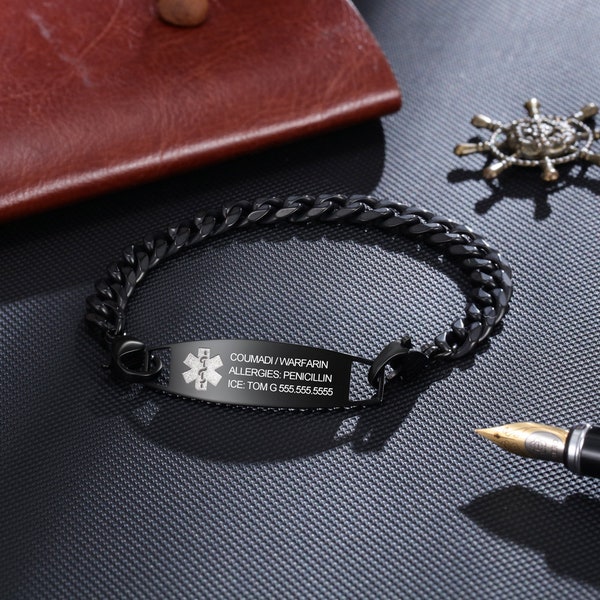Personalized Engraved Medical Alert Bracelet - Customizable ID Bracelet for Men  - Emergency Medical Bracelet