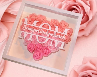 Gepersonaliseerde Flower Shadow Box voor moeder, Rozen Shadowbox met namen, Aangepaste Heart Rose Frame Decoraties, Moederdag, Cadeau voor moeder