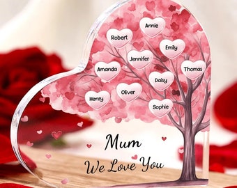 Recuerdo de corazón acrílico personalizado para mamá, nombre personalizado y texto, adornos de árbol rosa, conjunto de regalos con caja de regalo para abuela/madre