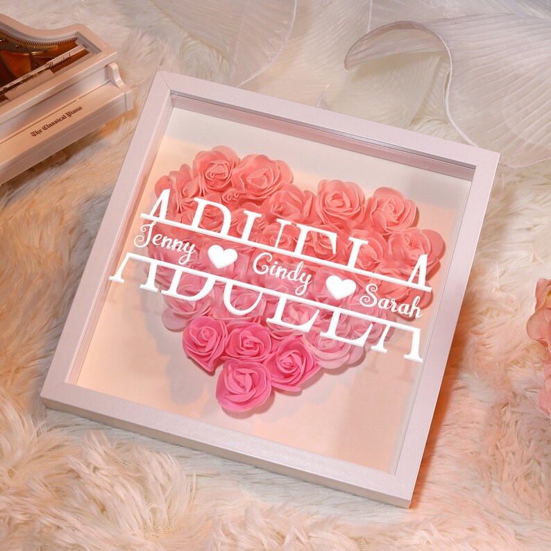 Personalized Flower Shadow box,Heart Rose Frame Decorations,Gift for Mom,Mother's Day Różowy