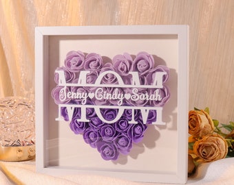 Shadowbox fleurs personnalisées pour maman, Shadowbox roses avec noms, Décorations personnalisées en forme de coeur avec roses, Fête des Mères, Cadeau pour maman