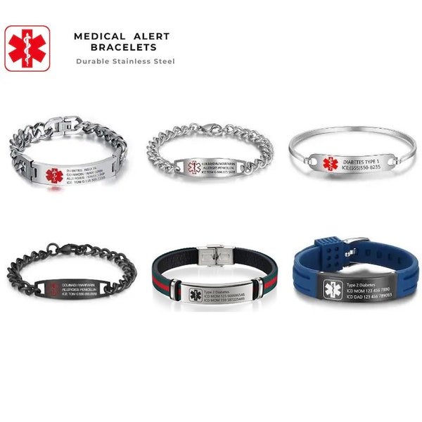 Bracelet d'identification médicale personnalisé Medical Alert Doctor Alert Mediband Acier inoxydable 9 Style Cadeaux personnalisés pour lui