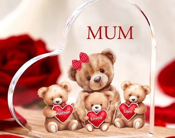 Personalisierte Mama Acryl Herz Andenken Benutzerdefinierte 1-4 Kindernamen Liebe Teddybär Ornamente Geschenke Set mit Geschenkbox für Oma / Mutter