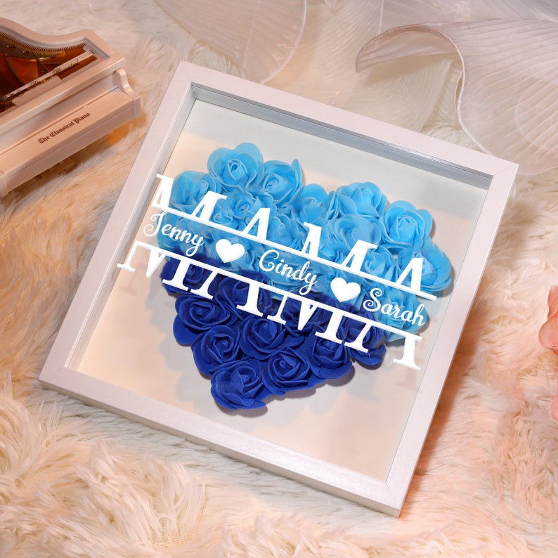 Personalized Flower Shadow box,Heart Rose Frame Decorations,Gift for Mom,Mother's Day Niebieski