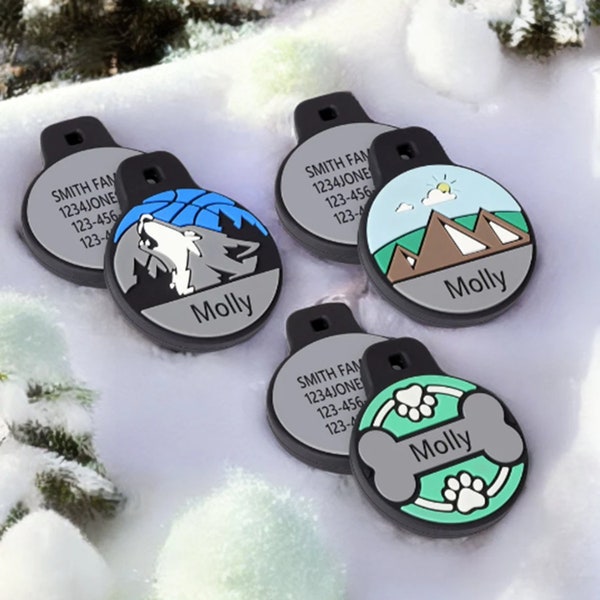 Premium Silent Pet ID Tag- Engraved Silicone Double Sided & Engraving Will Last- Pet Tags- Dog ID Tag- No jingle ID Tag