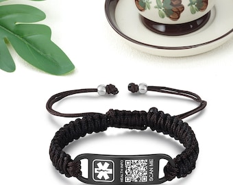 Custom Medical Alert QR Code Bracelet-Gift for Dad - Woven Rope Extendable Emergency ID for Epilepsy, Diabetes & Allergy Patients