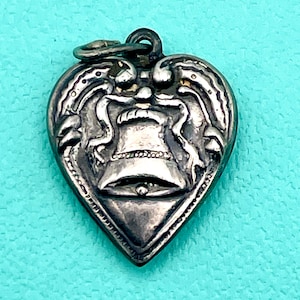 Vintage Puffy Heart Sterling Silver Charm Repousse Belland Ribbon Design - 1940&#39;s marked STERLING
