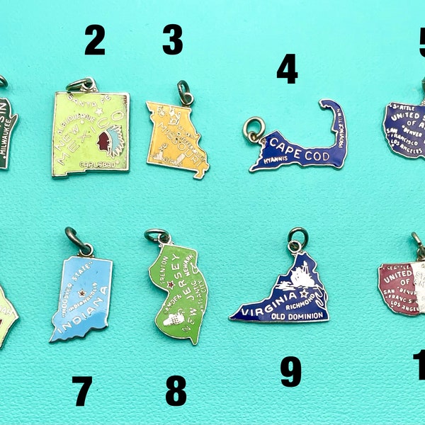 Vintage State Map Travel Charm Wisconsin, New Mexico, Missouri, Cape Cod, Georgia, Indiana, New Jersey, Virginia, US Map - silver and enamel