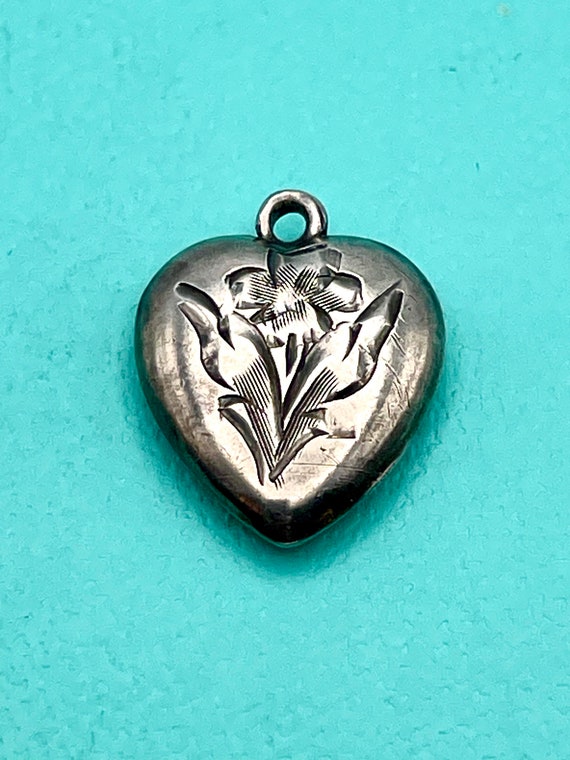 Vintage Puffy Heart Etched Pansy Flower Sterling S