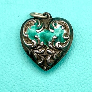 Victorian Antique Puffy Heart Charm Repousse Sterling Silver and Green Enamel - Engraved &quot;Carl&quot; and STERLING