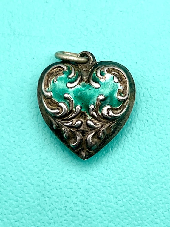 Victorian Antique Puffy Heart Charm Repousse Sterl