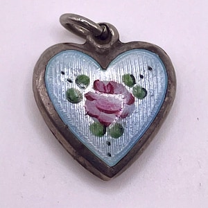 Vintage Puffy Heart LAMODE Guilloche Enamel Flower Rose Sterling Silver Charm - 1940&#39;s marked STERLING LAMODE