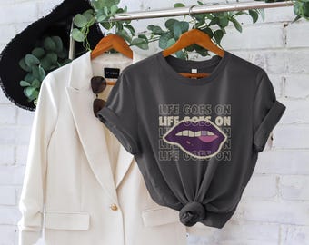 Life Goes On Vintage BTS-Inspired T-Shirt with Retro Purple Lip Design – Subtle K-Pop Fan Merch