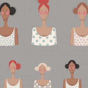 May include: Six illustrations of women with different hairstyles and skin tones wearing sleeveless tops with various patterns. The tops have floral, polka dot, and geometric designs. The background is a light gray.
