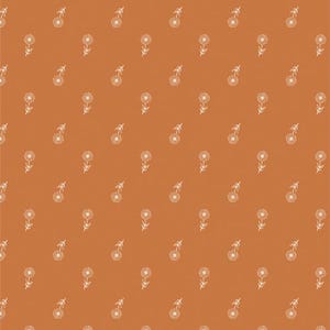 May include: A seamless pattern featuring white stylized flower illustrations on a burnt orange background.