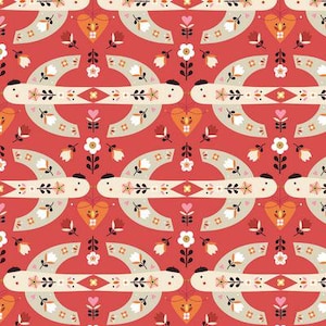 Pode incluir: Um padrão sem costura com um design repetitivo de corações estilizados, ferraduras e flores em tons de vermelho, laranja, branco e cinza sobre um fundo vermelho.