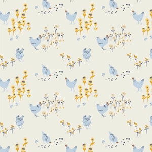 May include: A seamless pattern featuring blue chickens and yellow flowers on a light cream background. The chickens are in various poses, some are walking, some are pecking at the ground, and some are looking up. The flowers are in clusters and are scattered throughout the pattern.