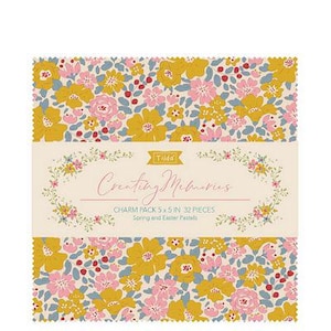 May include: A charm pack of 32 fabric squares, each measuring 5x5 inches. The fabric features a floral pattern with yellow, pink, and blue flowers on a cream background. The pack is titled "Creating Memories" and is described as "Spring and Easter Pastels".