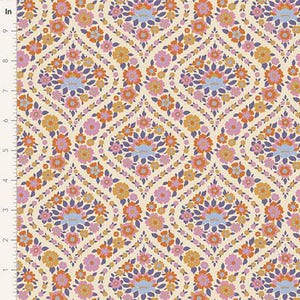 May include: Cream fabric with a repeating floral pattern. The design features orange, pink, and purple flowers arranged symmetrically. The flowers are set against a cream background, creating a vintage aesthetic. The pattern is measured in inches.