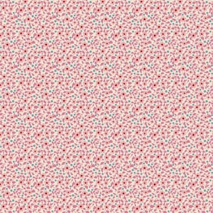 Pode incluir: Padrão repetitivo de pequenas flores rosa, pontos vermelhos e detalhes turquesa sobre um fundo creme. O design floral denso cobre toda a superfície, criando uma estética delicada e feminina. Adequado para tecido ou papel de parede.
