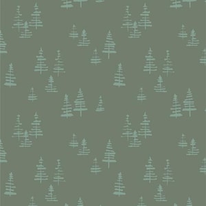 May include: A seamless pattern featuring a repeating design of stylized green trees on a sage green background.