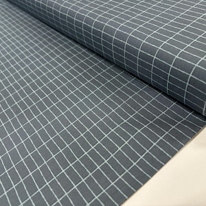 May include: A close-up of a blue fabric with a white grid pattern. The fabric is folded and rolled up, showing the texture and pattern.