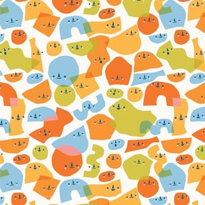 May include: A seamless pattern featuring colorful abstract shapes with cartoon faces. The shapes are in shades of blue, green, yellow, and orange. The faces have simple black eyes and mouths.