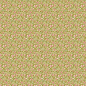 Pode incluir: Um padrão floral denso com pequenas flores rosa e detalhes azuis sobre um fundo verde. O design inclui folhas e caules brancos, criando uma impressão densa. O efeito geral é uma impressão delicada de inspiração vintage.